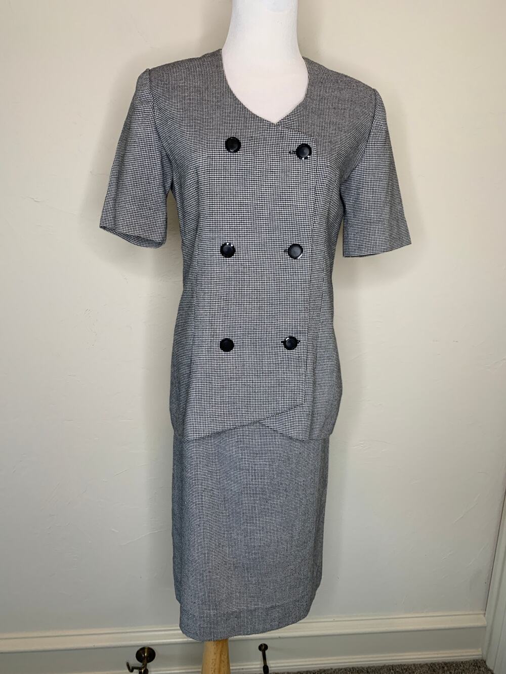 Vintage Handmade Black Check Skirt Suit Short Sleeve Double Breasted XS